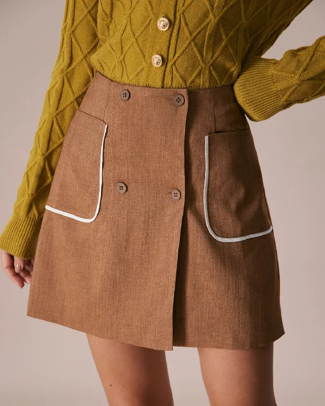 Mini Dresses with Belt for Defined Waist -The Khaki Contrast Trim Button Mini Skirt