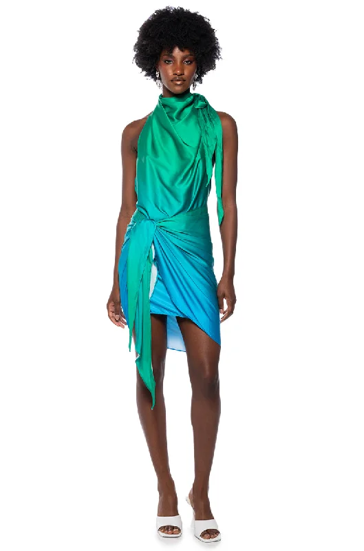 Abstract Mini Dresses for Creative Look -WAVES OF BLUE HALTER WRAP FRONT MINI DRESS