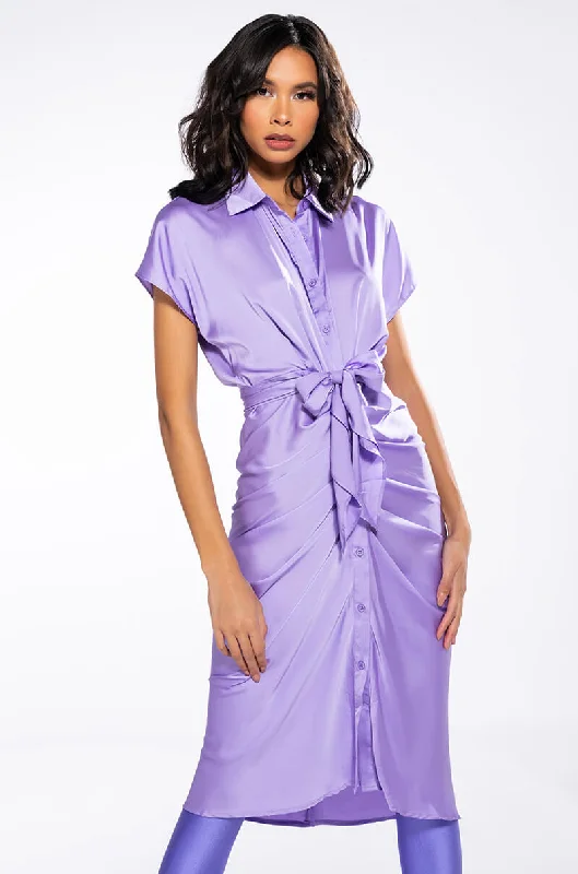 WEDDING GUEST READY SATIN TIE FRONT DRESS