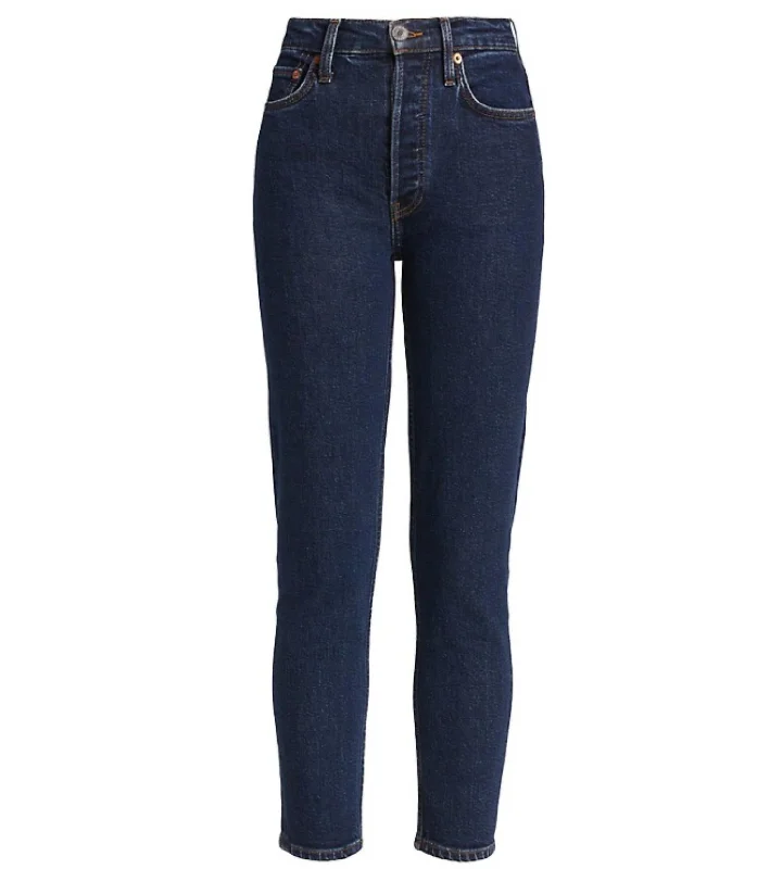 Tight office trousers for women with professional cut and flattering fit -70S Stove Pipe Dark Rinse 5 Pocket Style Cropped Denim Jeans In Dark Blue