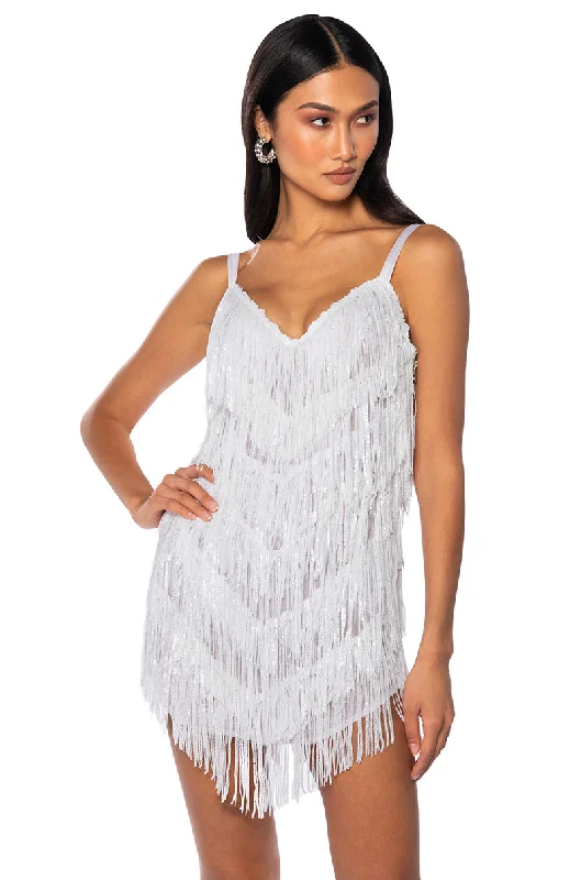 Mini Dresses for School Dances -SHOW UP FRINGE MINI DRESS IN WHITE