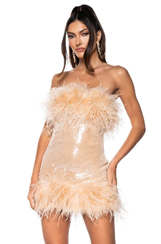 Mini Dresses for Fashion Shows -BON ANNIVERSAIRE FEATHER TRIM SEQUIN MINI DRESS