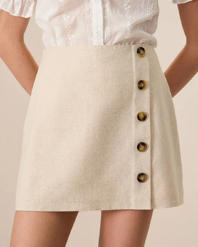 Mini Dresses with Buttons for Stylish -Women's Beige High-Waisted Cotton Button Mini Skirt