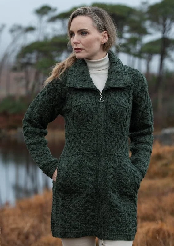 Cable knit cardigan coat with pockets for practical warmth -Double Collar Aran Sweater Coat | Green