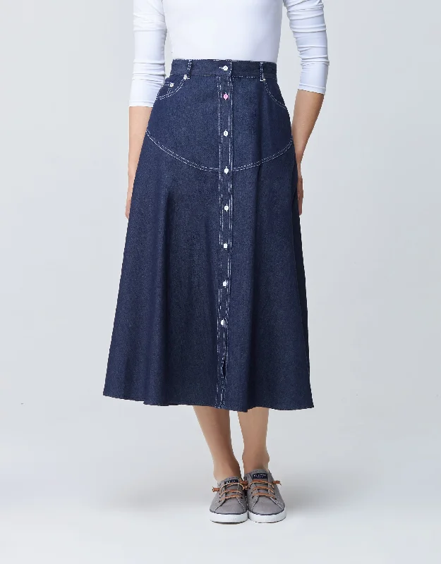 Mini Dresses for Travel Adventures -32" Contrast Stitched Denim Western Button Skirt Blue