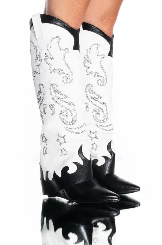 AZALEA WANG OUTLAND WESTERN WEDGE BOOT IN BLACK WHITE