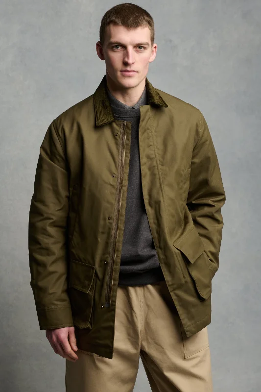 Three - quarter sleeve blazer for transitional spring weather -Men's Waxed Car Coat - Olive