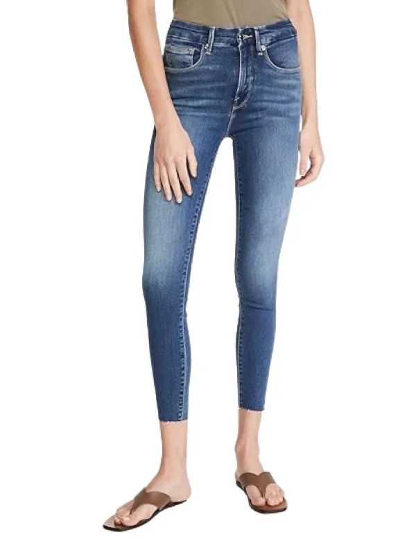 Vintage-inspired tight trousers for women with buttoned waist and retro charm -Waist Crop Raw Edge Jeans In Blue 331