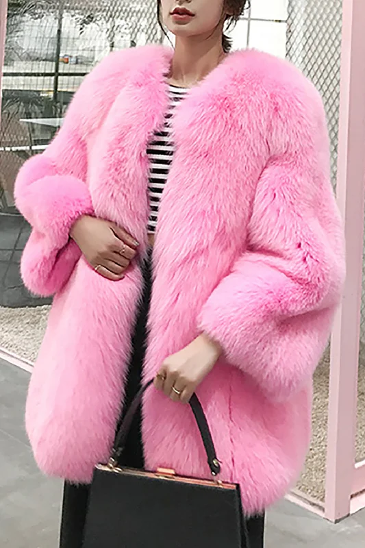 Distressed leather jacket with studded shoulders for edgy streetwear -Hot Pink Shawl Lapel Oversized Faux Fur Women Coat