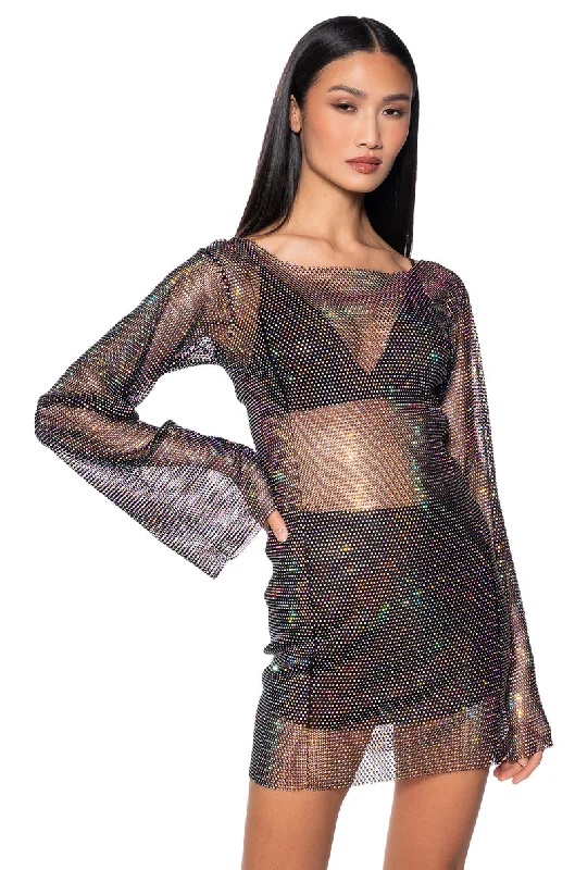 Sequined Mini Dresses for Sparkle Effect -ANAIS RHINESTONE MESH LONG SLEEVE MINI DRESS IN BLACK