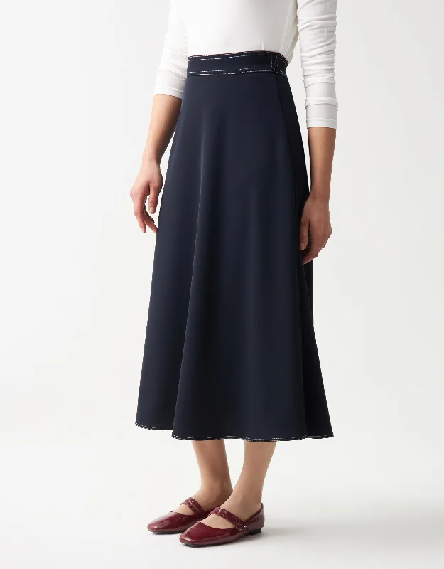 Mini Dresses for Sporting Events -33" Lined Aline Crepe Skirt with Contrast Stitching Navy