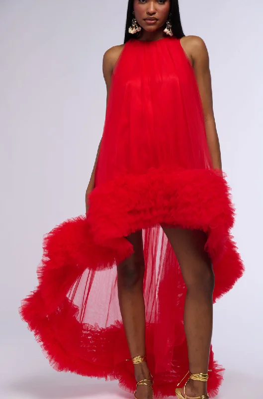 Mini Dresses for Father's Day -ARI TULLE RUFFLE HIGH LOW MINI DRESS IN RED