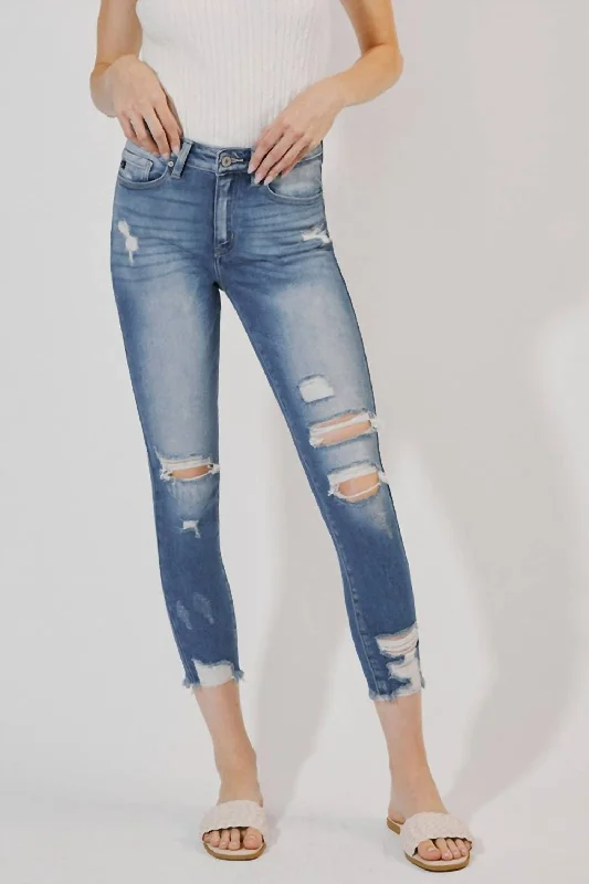 Stylish tight trousers for women with high-waisted fit for flattering look -Distressed Ankle Skinny Jeans In Medium Wash