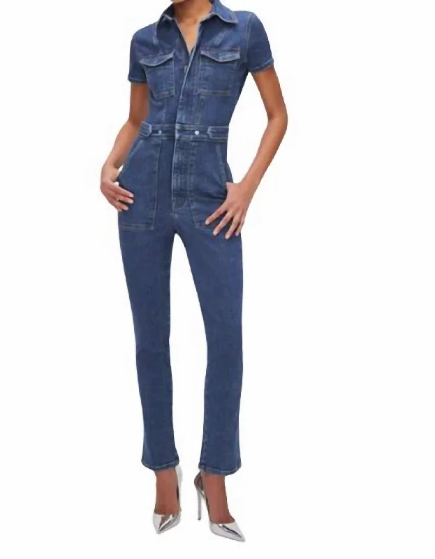 Tight fit trousers for women with ankle-length design and modern appeal -Women's Fit For Success Denim Jumpsuit In Blue