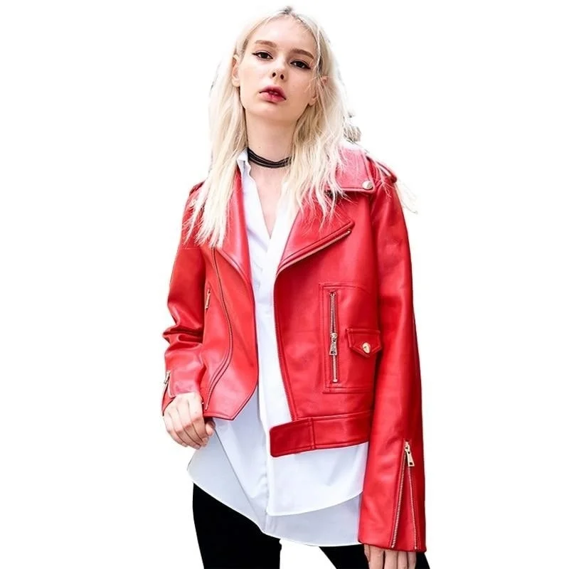 Lightweight jacket with UPF 50+ for sun protection -Women's Red Leather Spring Autumn Biker Coat Long Sleeved Slim Moto Jacket