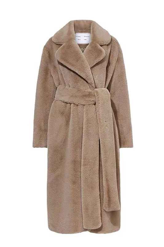 Belted linen duster coat for summer layering and beach cover - up -Khaki Faux Fur Shearling Long Open Front Coat with Belt