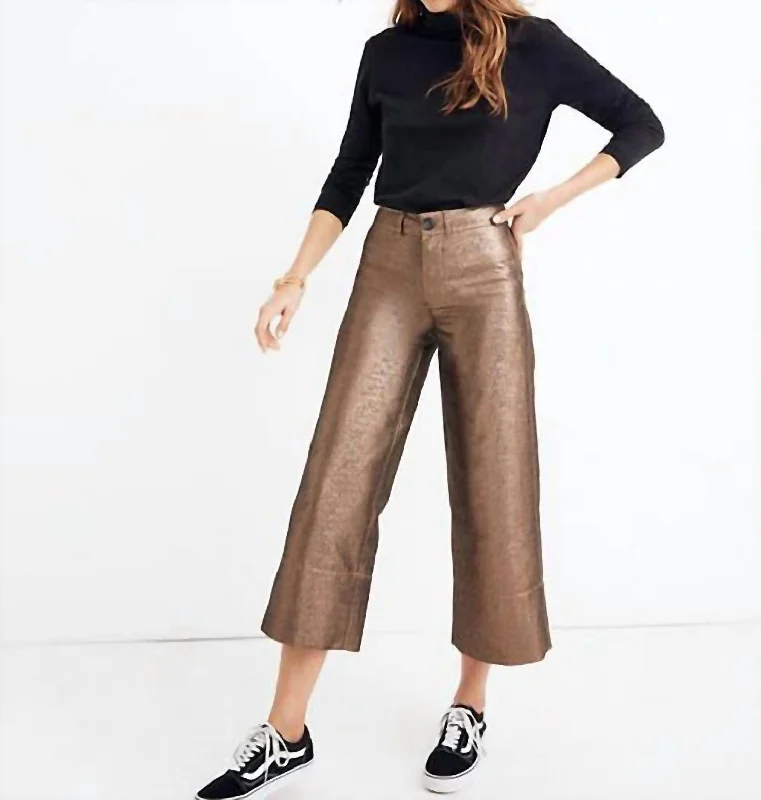 Formal tight trousers for women with sharp crease and sophisticated tailoring -Emmette Wide Leg Metallic Crop Pants In Bronze/gold