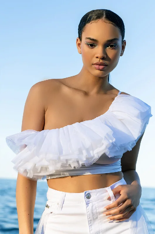 LILA ONE SHOULDER RUFFLED CROP TOP