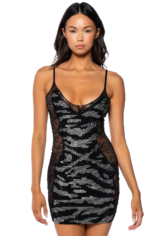 Mini Dresses for Business Lunches -PARTY ALL NIGHT RHINESTONE LACE MINI DRESS IN BLACK MULTI