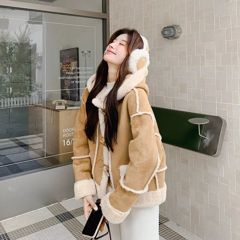 Holographic puffer jacket for futuristic fashion trends -Suede Lamb Wool Hooded Fur Coat