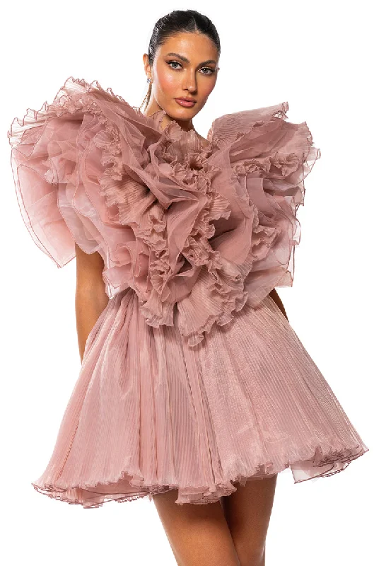 Mini Dresses for Wedding Guests -EVER AFTER RUFFLE SLEEVE PLEATED A LINE MINI DRESS