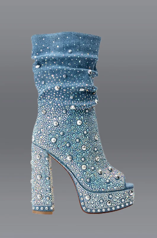 AZALEA WANG ADELA RHINESTONE SLOUCH BOOTIE IN DENIM