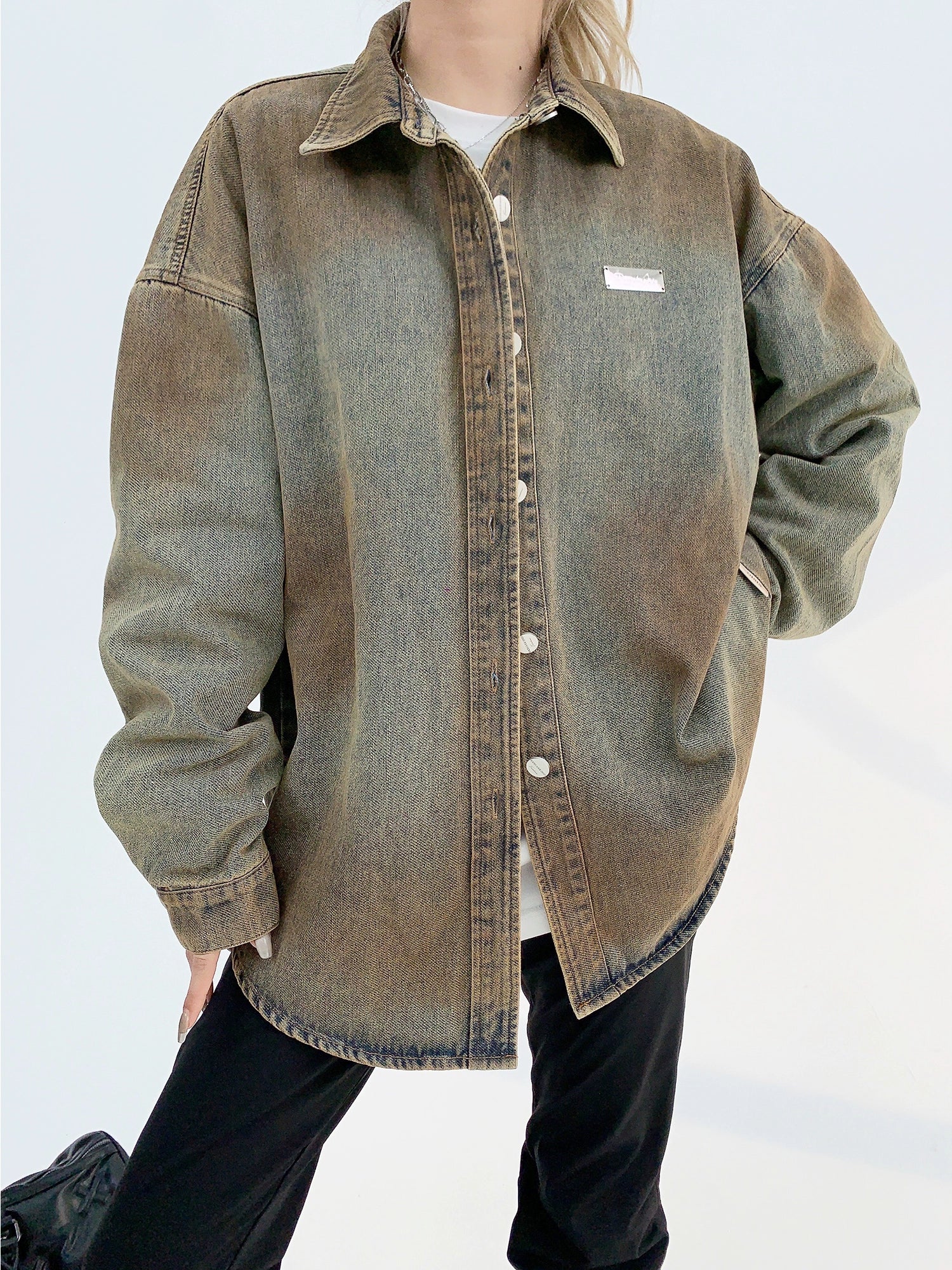 Faux shearling jacket for cozy yet trendy winter outfits -Old Rust Denim Button-Up Coat