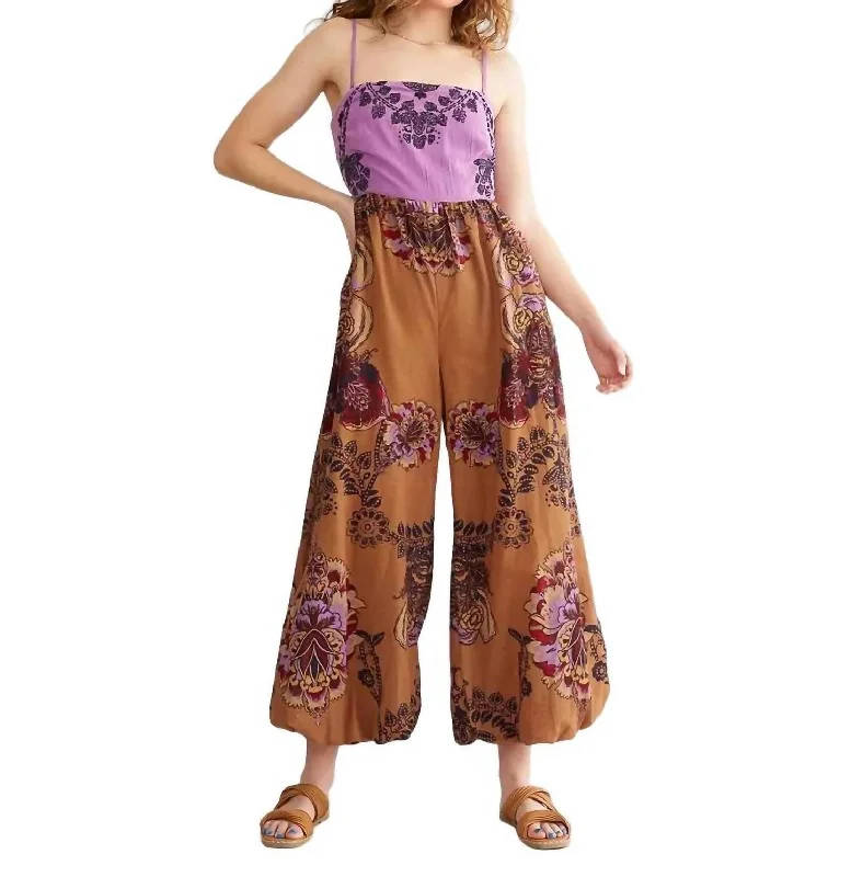 Tight trousers for women with cropped style and chic, modern finish -Indio Sun Wide Leg Jumpsuit In Golden Combo