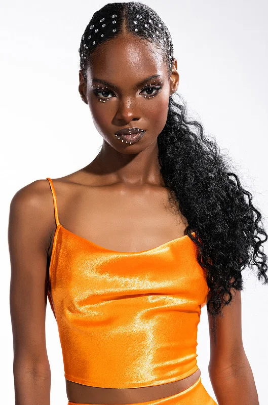 DUSK TILL DAWN CROPPED SLEEVELESS SATIN COWL NECK