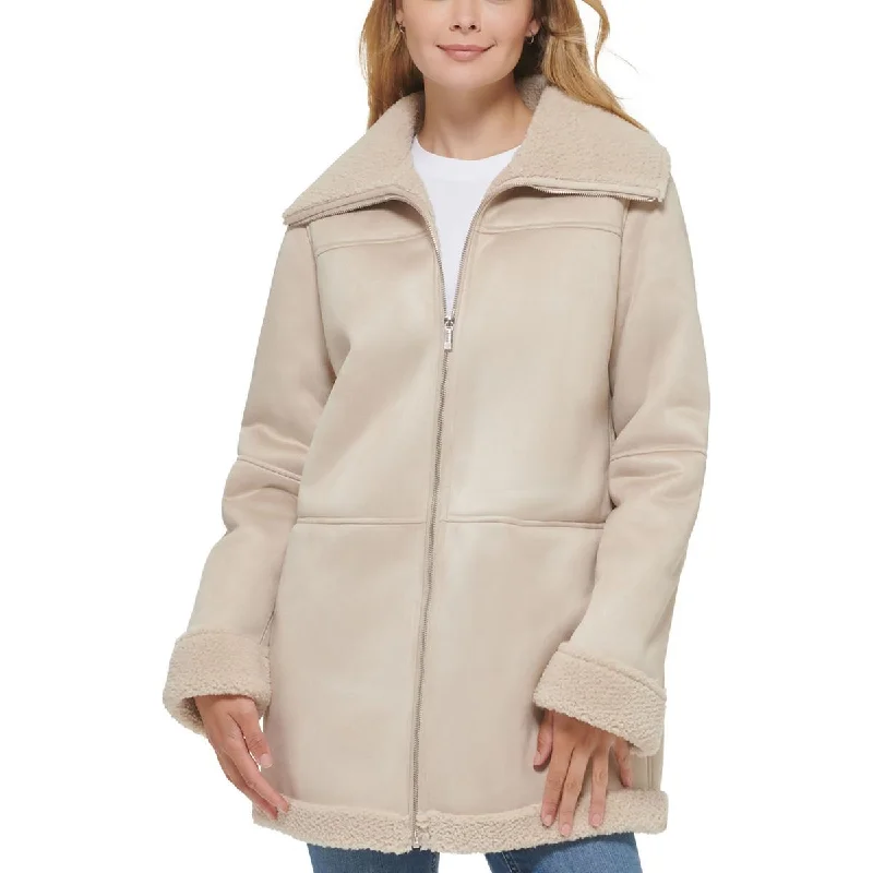 Shearling - lined suede jacket for rustic outdoor adventures -Calvin Klein Womens Faux Shearling Trim Heavy Walker Coat