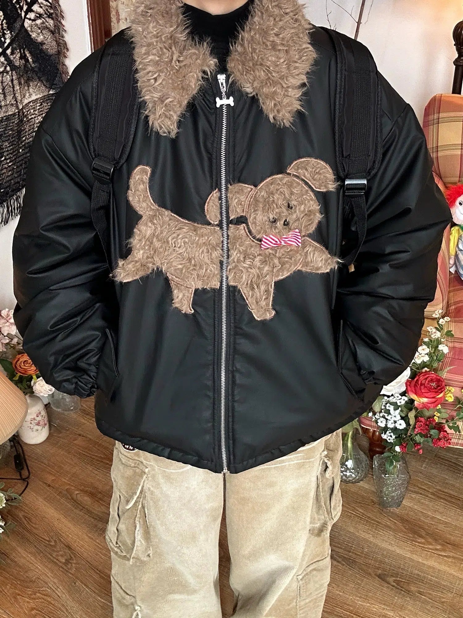 Velvet blazer with rhinestone buttons for holiday parties -Applique Dog Design Puffy Coat