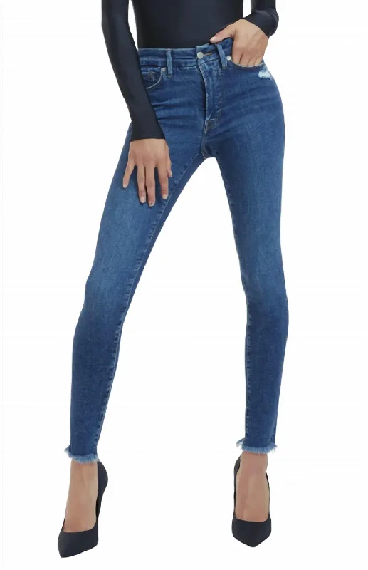 Black leather tight trousers for women with sleek, glossy finish for night out -Raw Hem Skinny Legs Jeans In Indigo