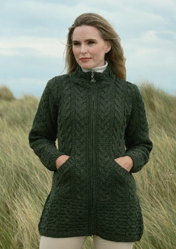 Embellished evening wrap with beaded details for wedding receptions -Aran Crafts Cork Long Zip Coat | Green