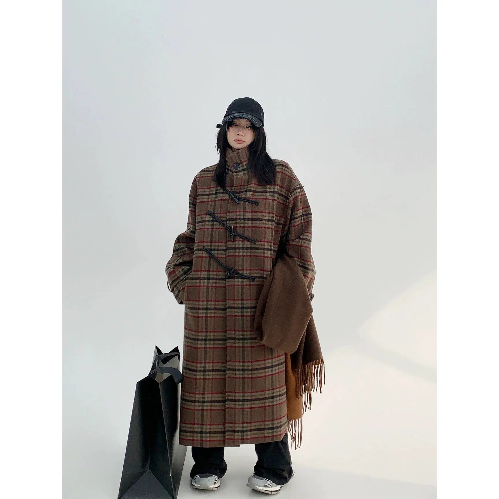 Quilted nylon jacket with thermal lining for freezing temperatures -Long Plaid Woolen Coat