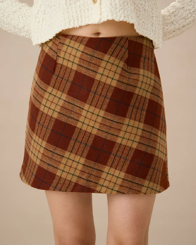 Mini Dresses for Weekend Getaways -Orange Plaid A-line Mini Skirt