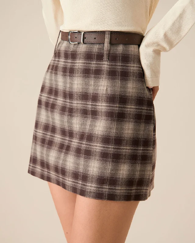 One Shoulder Mini Dresses for Asymmetric -Brown Plaid Straight Mini Skirt