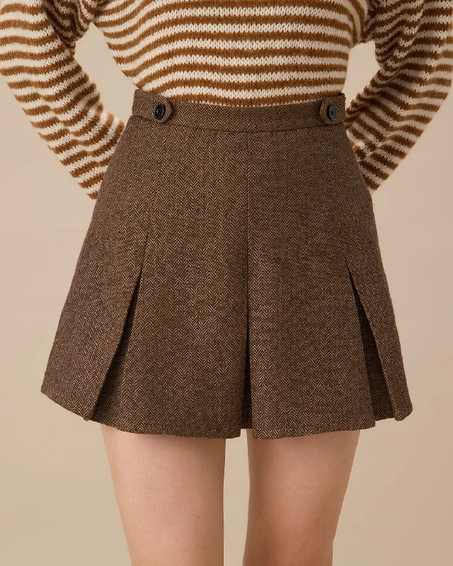 Shift Mini Dresses for Simple Design -Brown Striped Pleated Mini Skirt