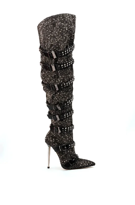 AZALEA WANG SUPERIOR THIGH HIGH RHINESTONE SPIKE STILETTO BOOT