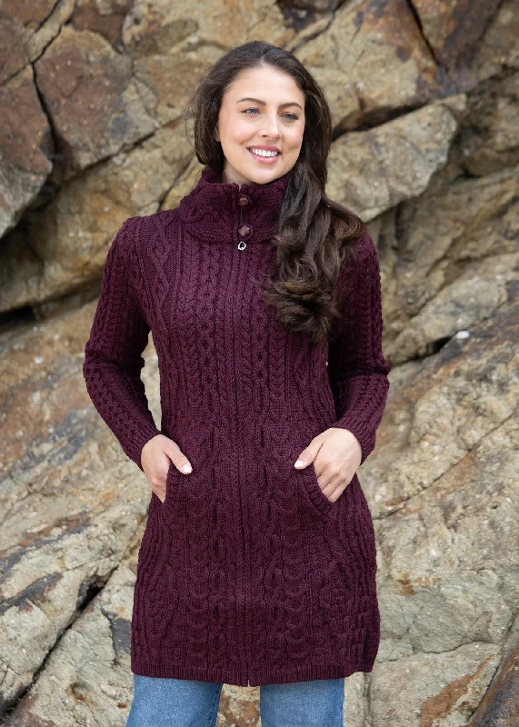 Embellished evening wrap for elegant winter evenings -Aran Long Fitted Coat | Burgundy