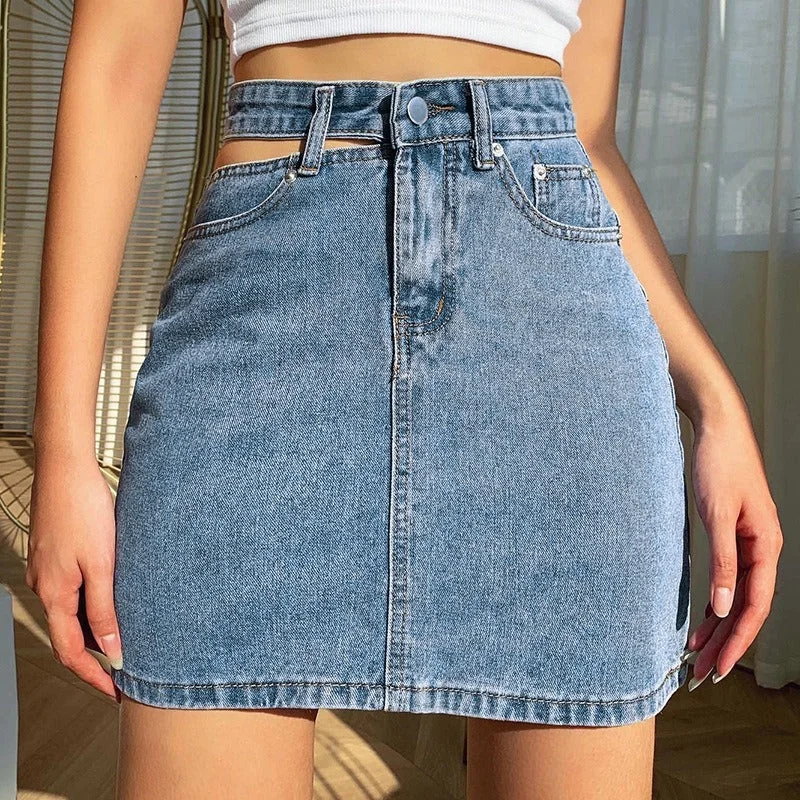 Blue Mini Dresses for Classic Style -One-side Hollow High Waist Denim Hip Mini Skirt