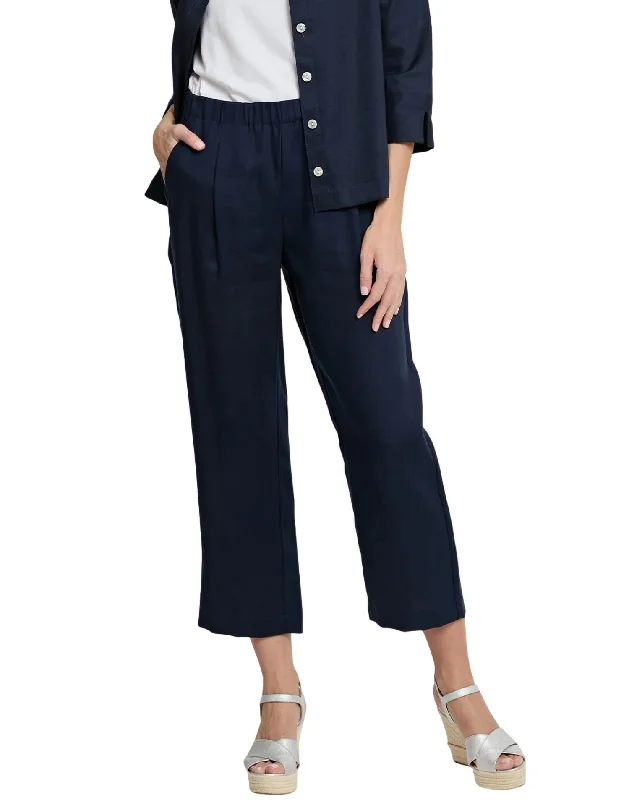 Cozy tight trousers for women with fleece-lined fabric for warmth during cold weather -Bianca Linen Crop Pants In Navy