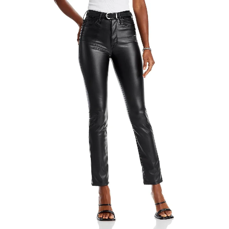 High-waisted tight trousers for women with flare leg and retro aesthetic -Womens Faux Leather High Rise Straight Leg Pants