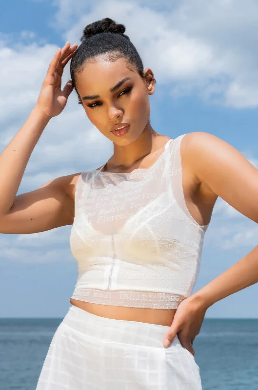 WANDERLUST SLEEVELESS MESH BOAT NECK CROP TOP