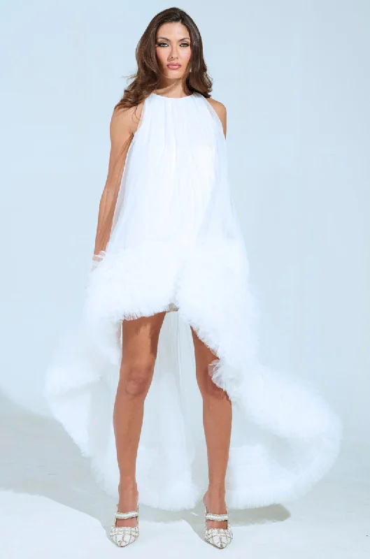 Denim Mini Dresses for Casual Chic -ARI TULLE RUFFLE HIGH LOW MINI DRESS IN WHITE