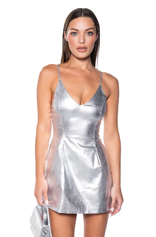 Yellow Mini Dresses for Bright Look -THE GREAT ESCAPE METALLIC SILVER MINI DRESS