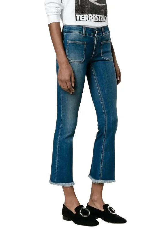 Pleated tight trousers for women with vintage-inspired design and modern twist -Kick Flare Frayed Pocket Jeans In Blue