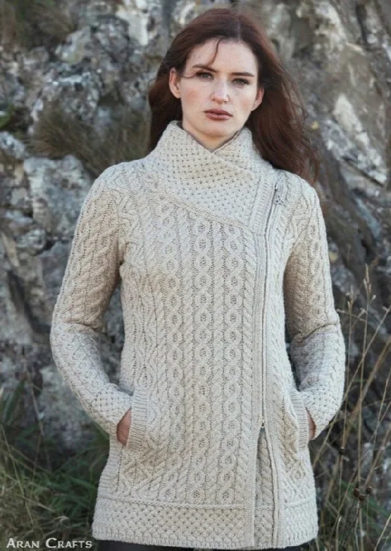 Embellished evening shawl with fringe for dramatic effects -Aran Crafts Athenry Asymmetric Coat | Oatmeal