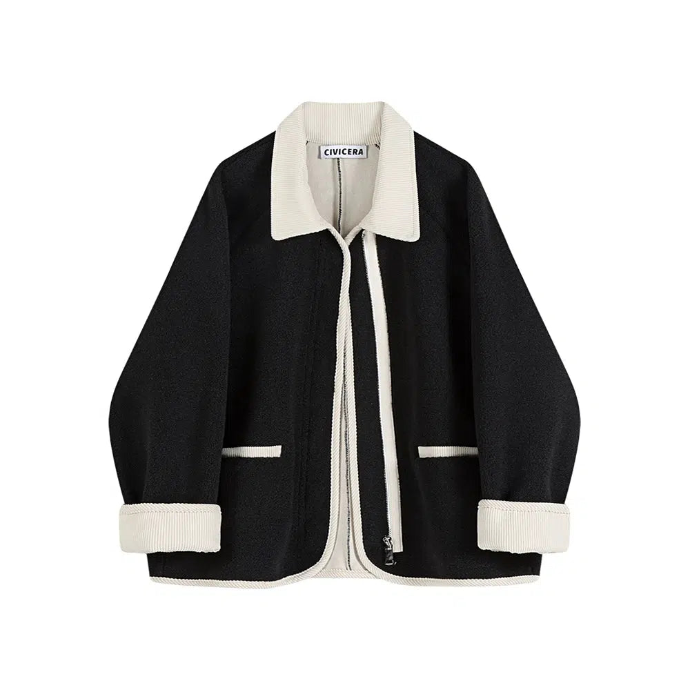 Fleece jacket with zip - off sleeves for versatile layering -Ribbed Collar Two-Tone Coat