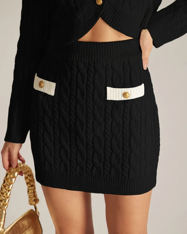 Mini Dresses for Clubbing Outings -The Black Elastic Waist Button Cable Mini Skirt