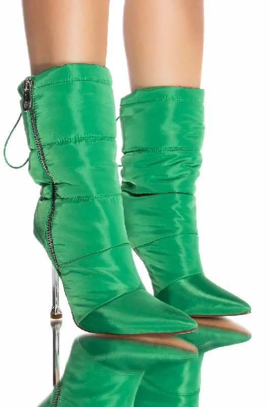 AZALEA WANG GRETCHEN STILETTO PUFFER BOOTIE IN GREEN